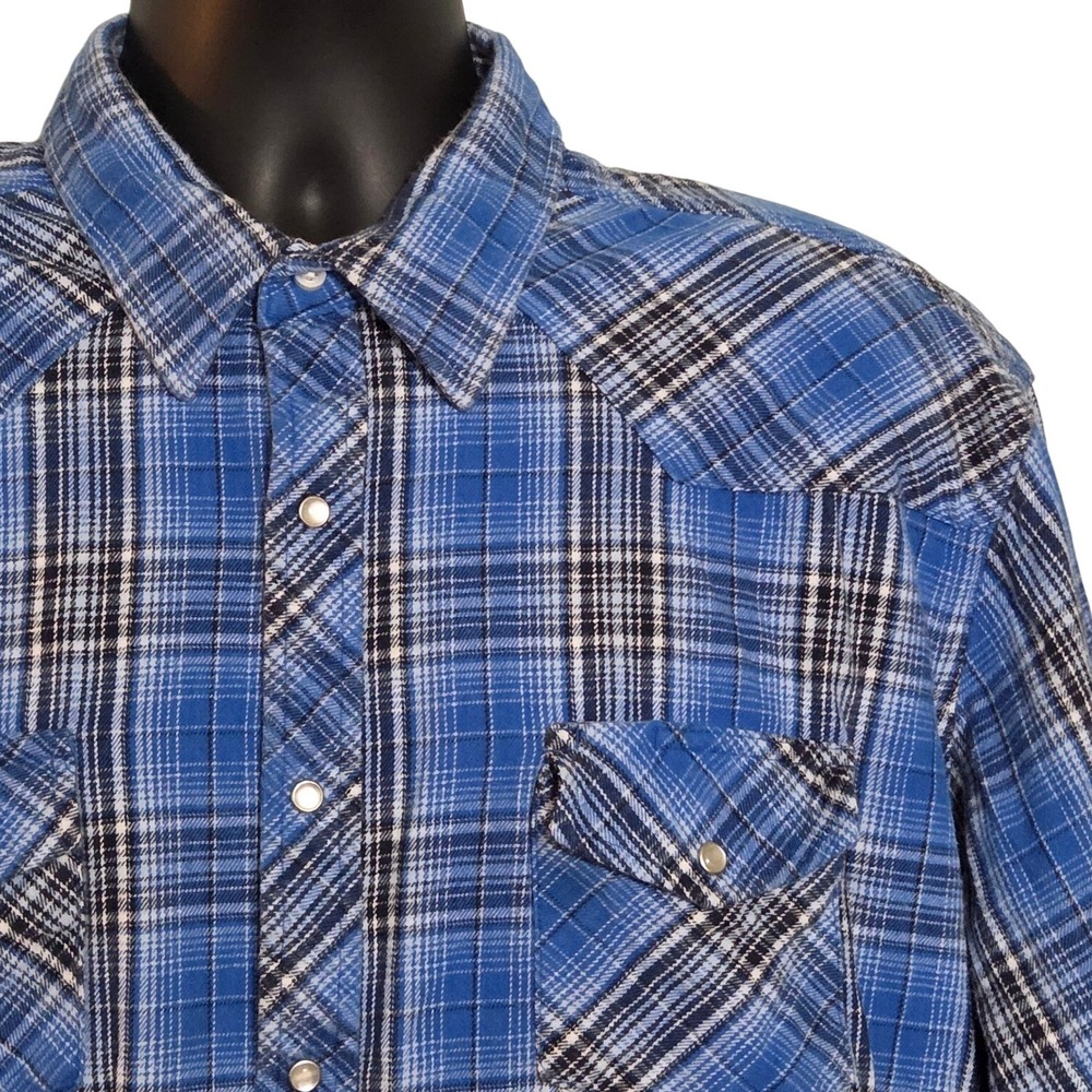 Wrangler Wrancher‎ Western Flannel Shirt Mens 2XL Blue Plaid Long Sleeve Cowboy